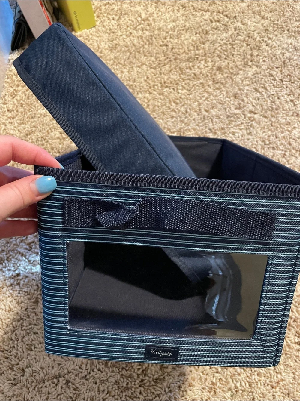 thirty-one navy striped fabric storage bin with clear label window
